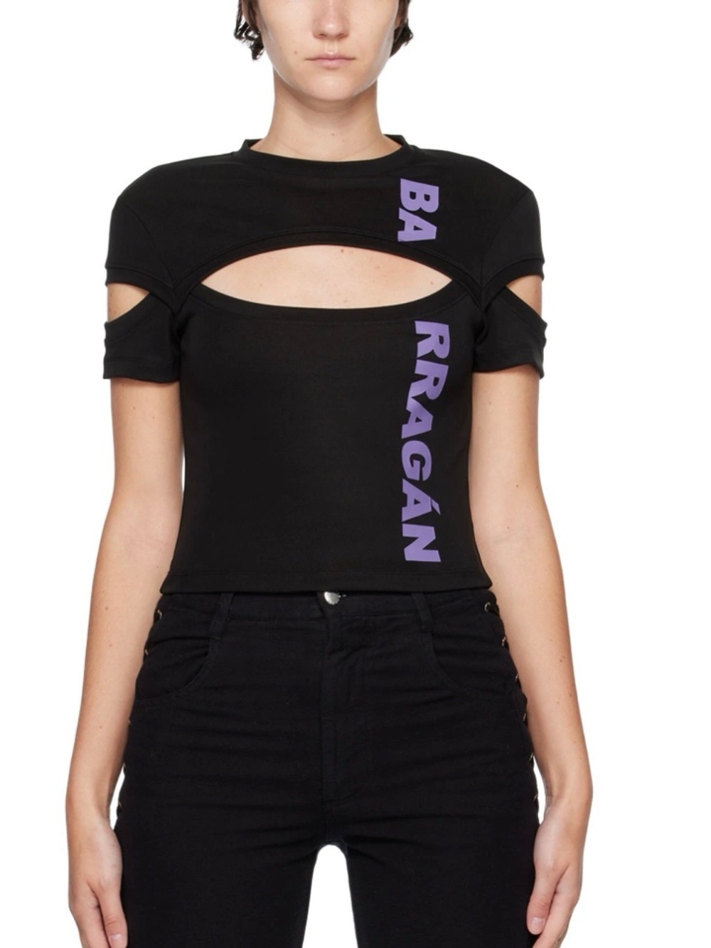 BARRAGAN Black Cutout Short Sleeve Top with Purple Logo Size XS